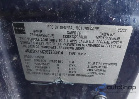 2008 Isuzu Ascender from USA, damaged, VIN LOT-1-44592928